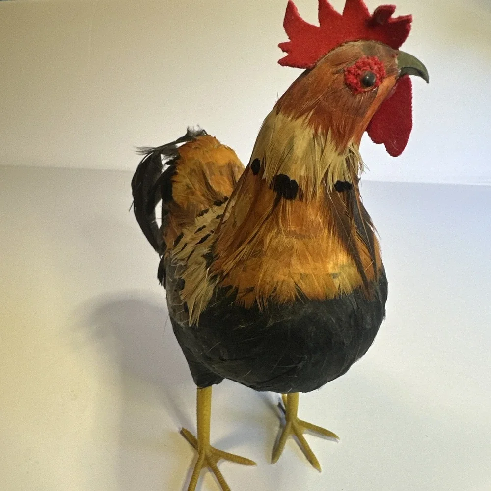 Realistic Rooster Figure Real Feathers Farmhouse Chicken Decor Country